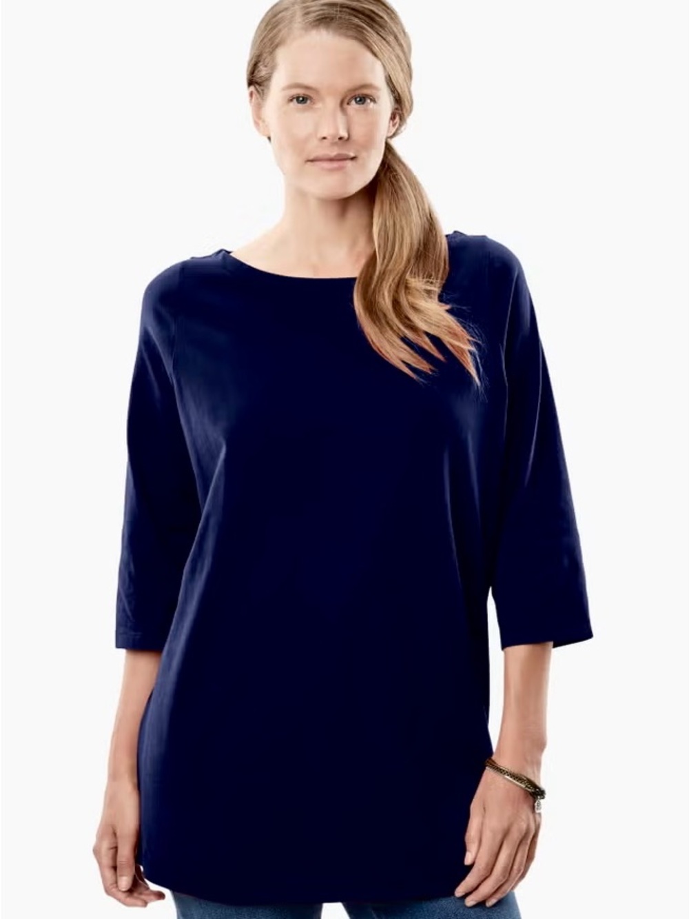 Woman Within Navy Blue 3/4 Sleeve Tunic Top - Perfect Boatneck Tee Plus Size 3X
